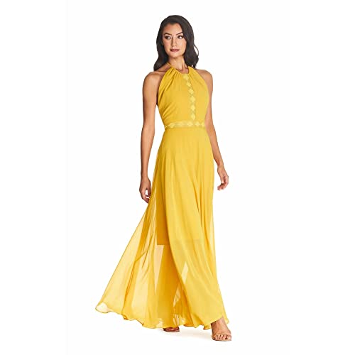 Dress the Population Original Odette Halter Neck Maxi Dress with Lace Detail (M) Marigold